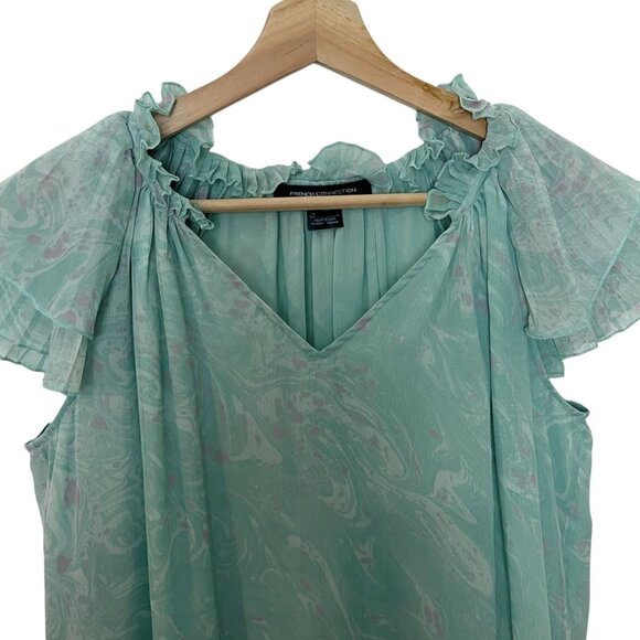 French Connection Endra Blouse XS Sheer Chiffon Glass Mint Frill Ruffle Flutter - Picture 4 of 8